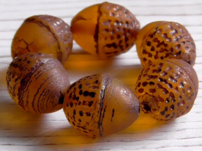 6 - 12x10mm CZECH TRANSLUCENT MATTE AMBER BROWN ACORN DARK BROWN WASH GLASS BEAD