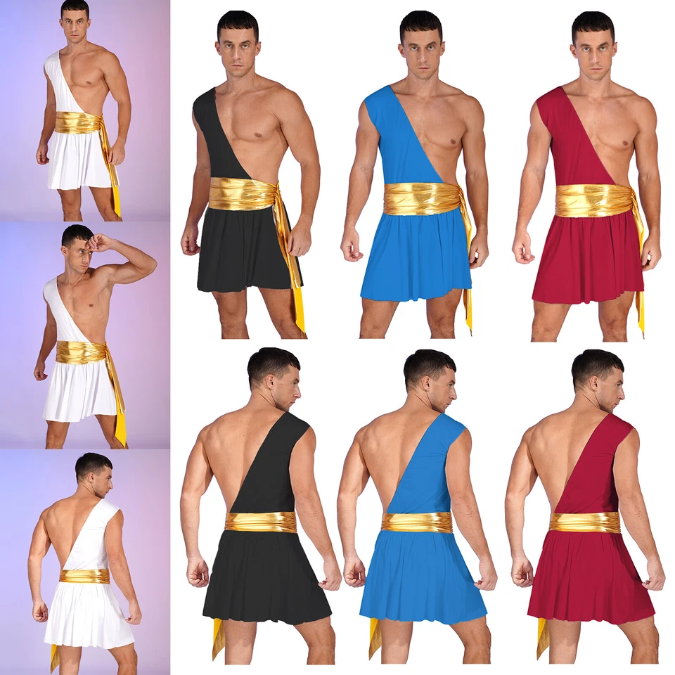 Mens Halloween Knight Warrior Costume One Shoulder Ancient Greek God Toga Dress - Image 3 of 4