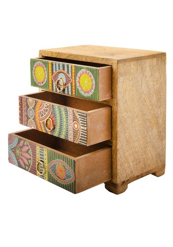 Cómoda de madera estilo africano pintada a mano 3 cajones para joyas o baratijas - Imagen 4 de 4