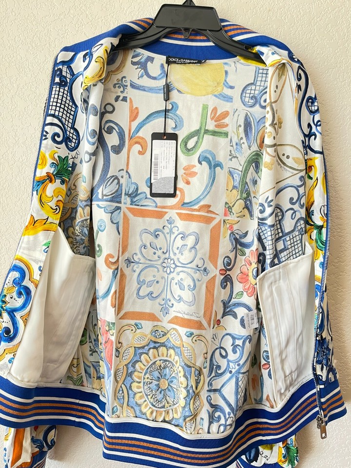 New DOLCE & GABBANA Majolica Tile Cady Track Logo Jacket Eur 50/ US L