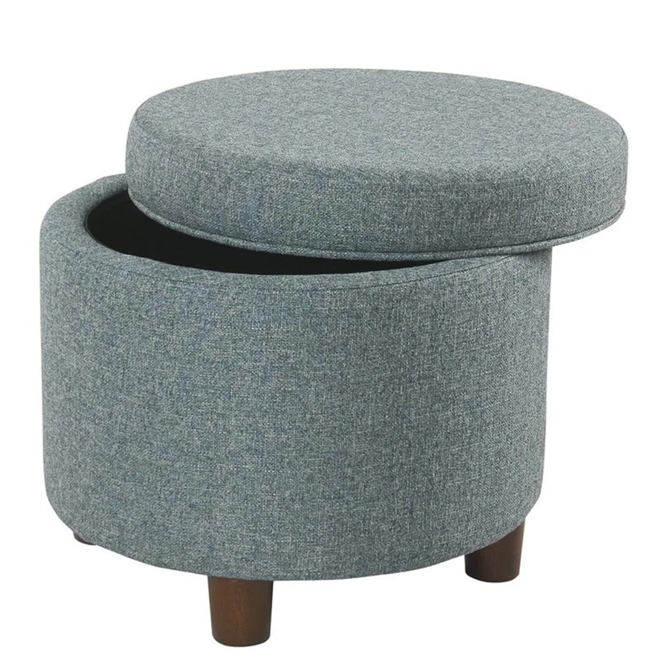 HomePop Round Transitional Wood and Fabric Storage Ottoman in Teal Blue Tweed - Image 4 of 4