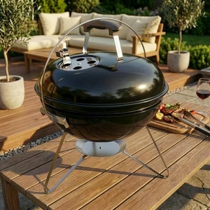 Portable Kettle Barbecue BBQ Charcoal Wood Grill Outdoor Garden Cooking Black