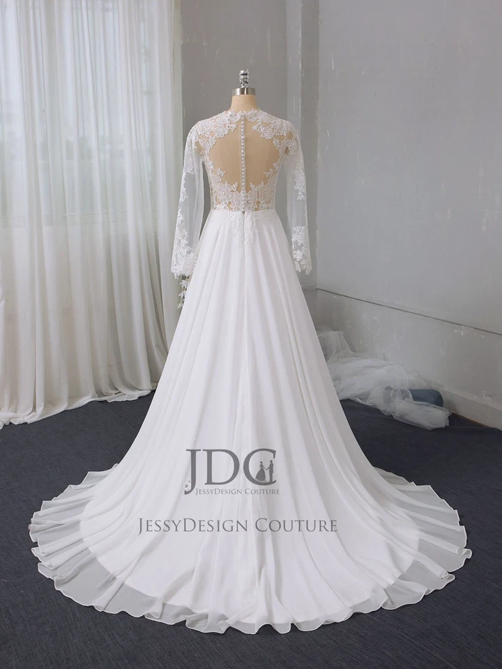Einfaches Langarm Chiffon Spitze Brautkleid Hochzeitskleid Maßgeschneidert n.Maß - Bild 2 von 4