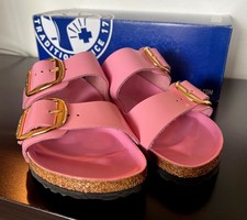 Birkenstock Arizona Big Buckle Sandal Sz 7 High Shine Fondant Pink Gold Buckle
