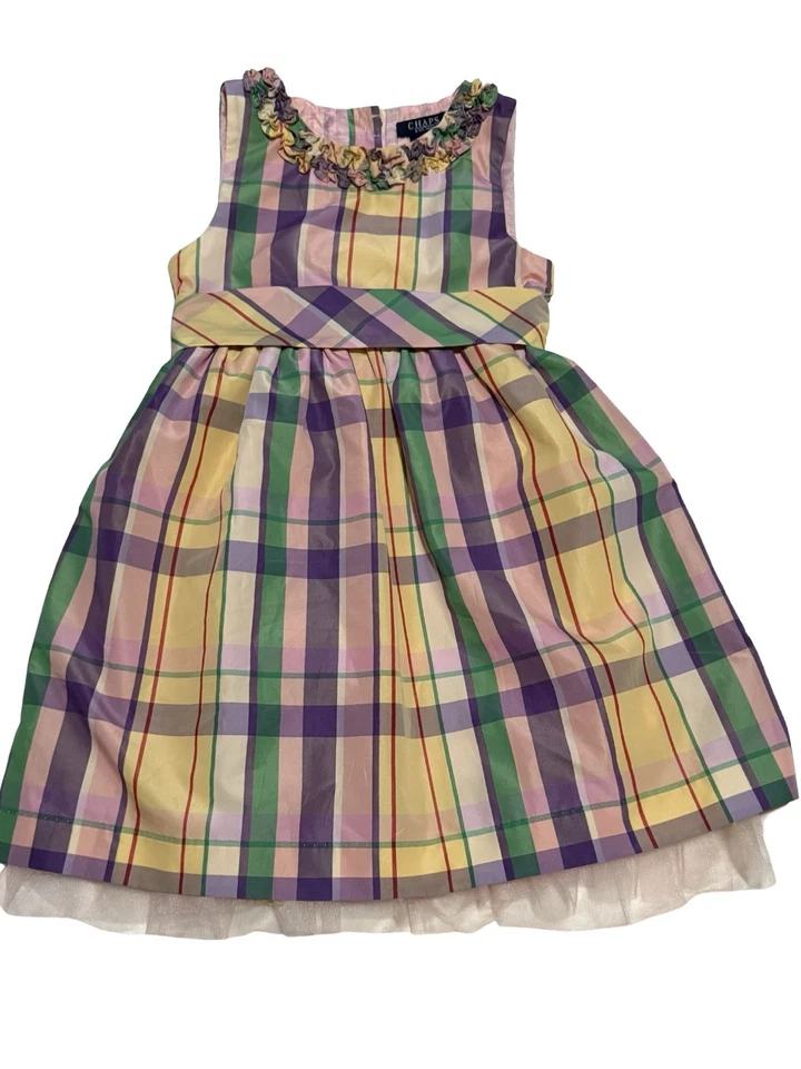 Vestido Chaps Niñas Talla 6 Cuadros Rosa Amarillo Púrpura Verde Sin Mangas Niño Forrado Foto 3 de 4