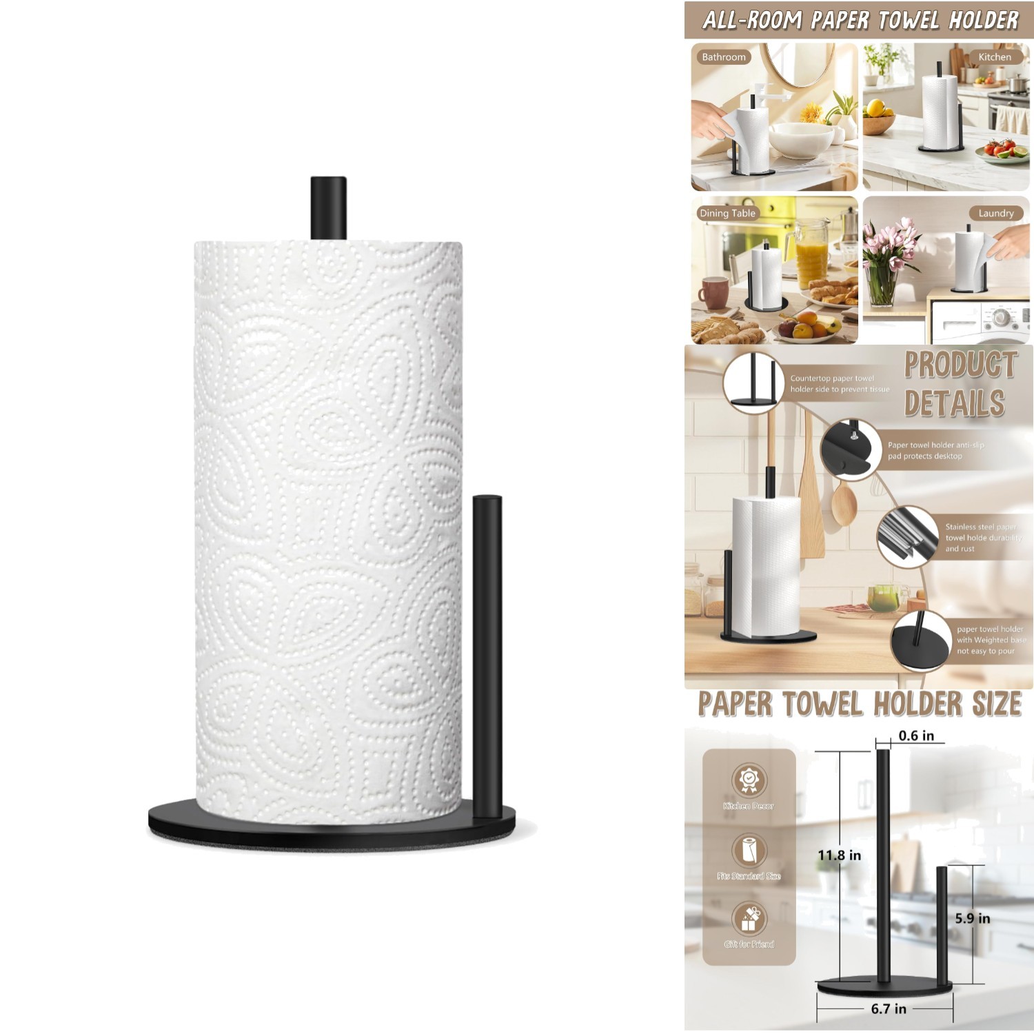 Freestanding Paper Towel Holder Countertop Stainless Steel Black Anti Slip Stand