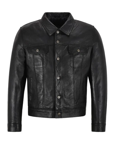 Men's Western Trucker Leather Jacket Classic Black Napa Leather Shirt Jacket - product listing photo