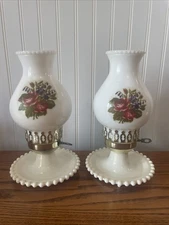 VTG Pair Of Milk Glass Hurricane Table Lamps Floral Flowers W/Trinket Tray