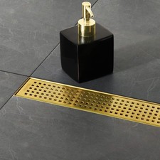 24-Inch Brushed Brass Linear Shower Drain with Removable Quadrato Pattern Gra...