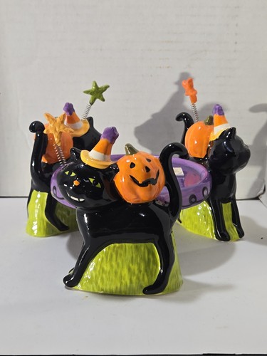 Halloween 3 Wick Ceramic Candle Holder Black Cat Pumkin Design Pre-owned 