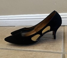 1960s 60s Vintage Suede Black Open Side Pointy Toe High Heel Shoes