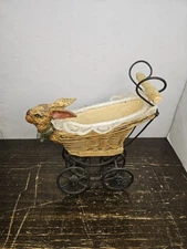 Antique Vintage Doll Stroller Pram Rabbitt Bunny Head Wicker Basket Iron Base