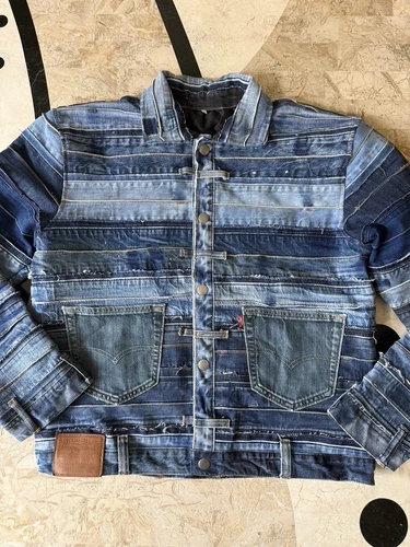 EUC Custom Made Rework Red Tab Denim PATCHWORK trucker Boxy style jacket L - product listing photo
