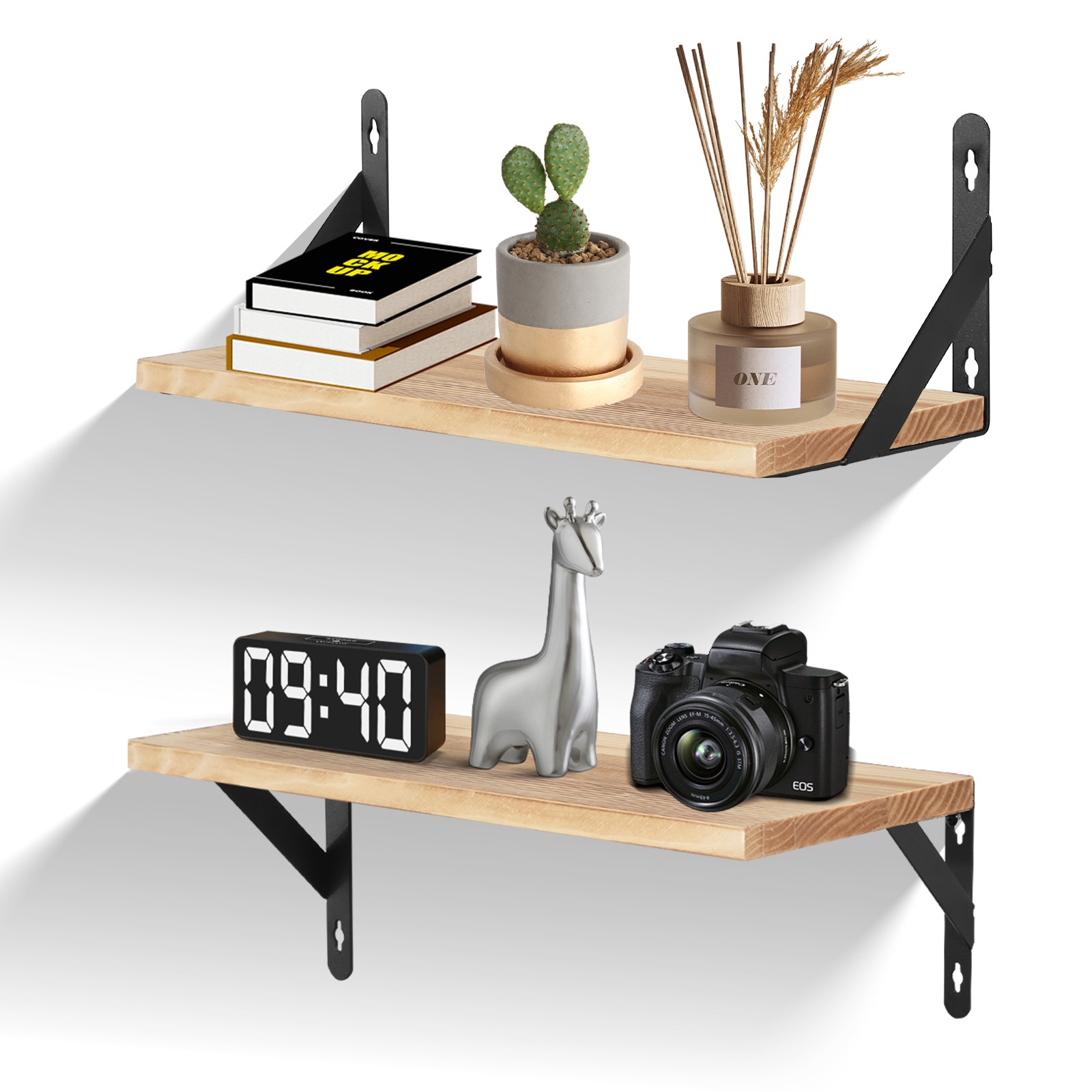 Uten Floating Shelves Set of 2,Natural Wood Wall-Mounted for Living Room Kitchen