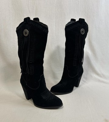 VTG Gothic Y2K Western Suede Leather Fringe Boots 6M Witch Cowgirl Bohemian Rave