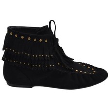 Stivaletto indianino basso in suede nero con borchie dorate e frange mocassino r