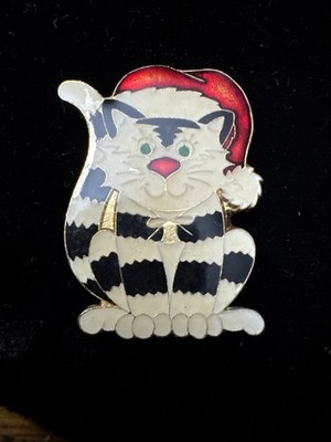 Vintage CENTENNIA  1979 Brooch  Pin  Striped Cat with Santa Hat