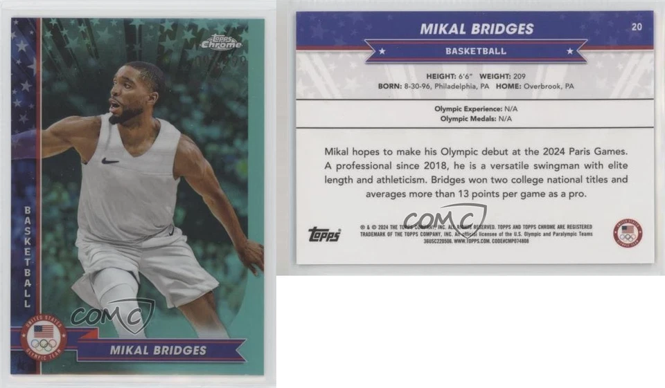 2024 Topps Chrome US Olympic & Paralympic Team Aqua Refractor /199 Mikal Bridges - Image 3 of 3