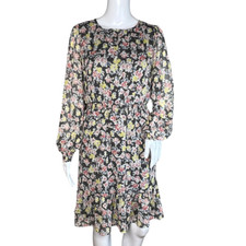 Loft Dress Womens Small Black Pink Floral Flower Gold Shimmer Ruffle Feminine