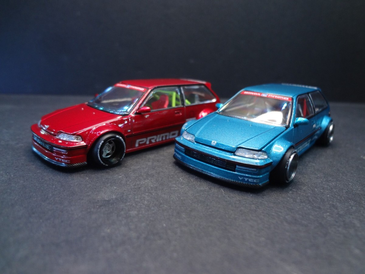 Mini GT Kaido House Honda Civic EF blue & red duo in original Mini