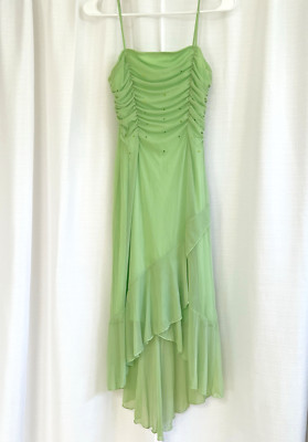 Vtg Finesse Pale Green Fairycore Dress High Low Y2K  Rhinestones Draped Size M
