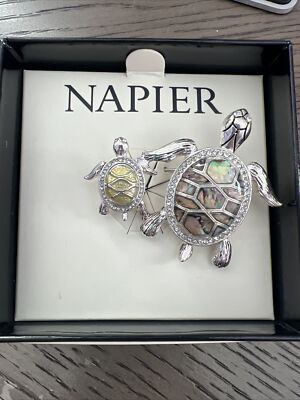 New Beautiful Napier Mom And Baby Sea Turtles Silver Tone Rhinestone Brooch/Pin