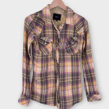 Rails Women's Medium Seersucker Plaid Shirt Yellow Gray Double Layer Western