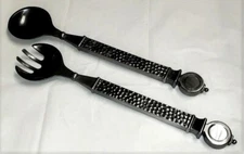 Aluminum Salad Set - Fork Spoon - 12 3/4" Utensils - Vintage Hammered Design