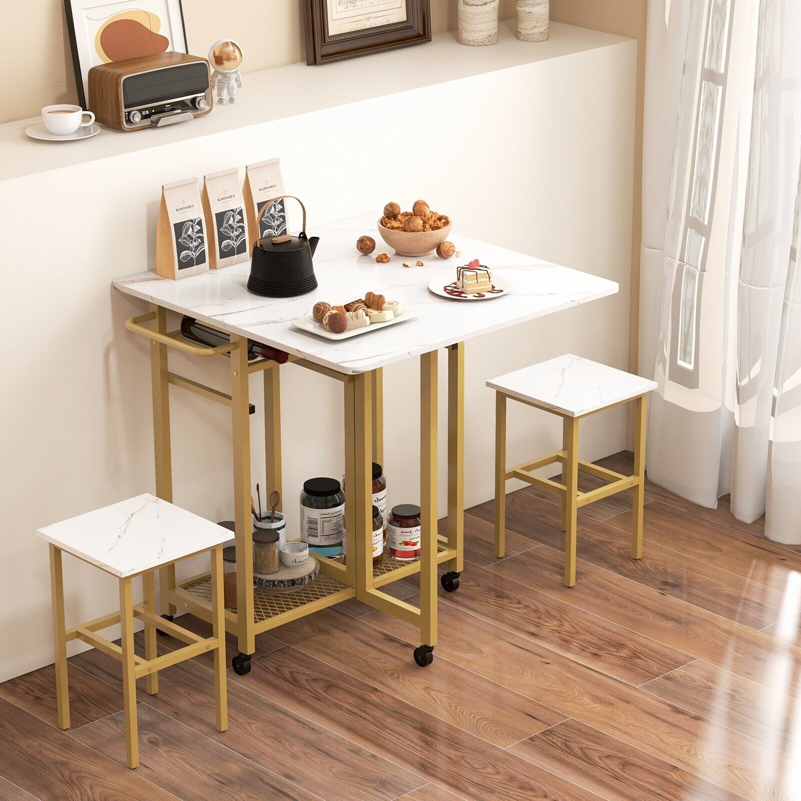 3 Piece Dining Table Set Rolling Extendable Kitchen Table Set w/2 Stools White