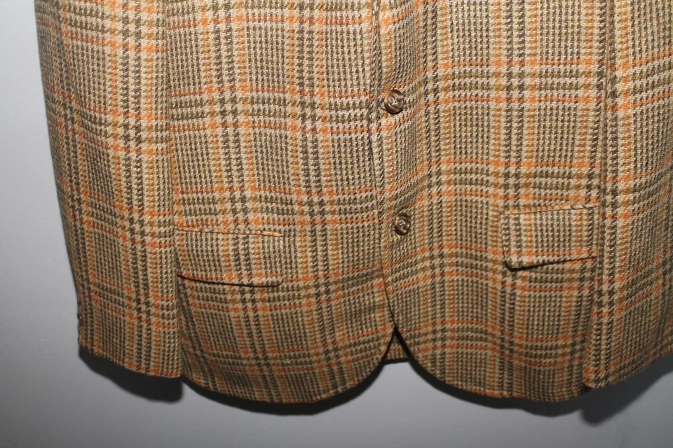 Vintage 60s Tweed Wool Plaid Blazer Sports jacket Green Orange Tan Preppy 43 - Image 4 of 4