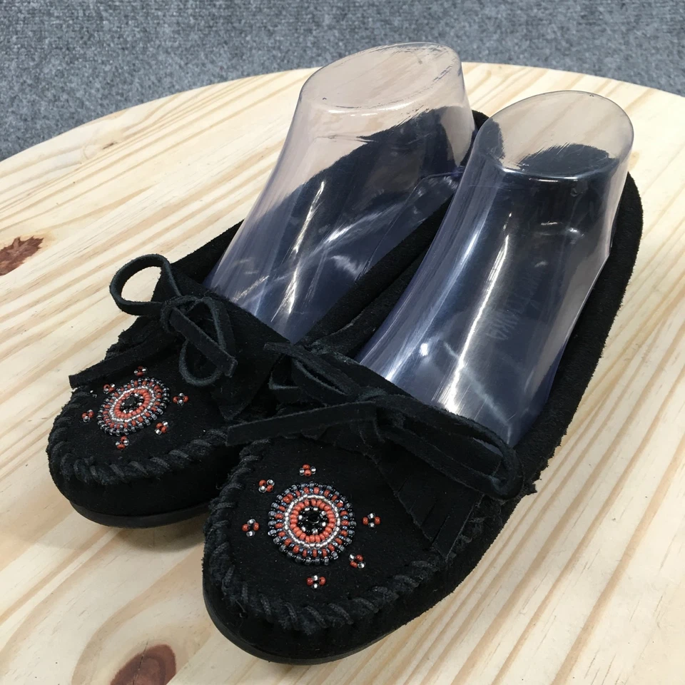 Zapatillas Minnetonka Mujer 6 Negras Me to We Mocasines Gamuza Cuentas Sin Cordones Lazo Foto 3 de 4