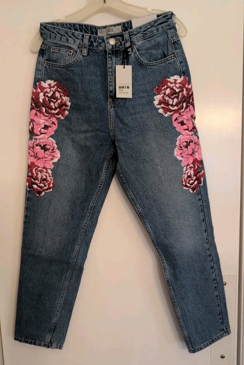 Jean Jamie Topshop Taille Haute Brodé Blanc Floral, Coupe Skinny, Jambe De Pantalon 28 Pouces, Longueur Cheville