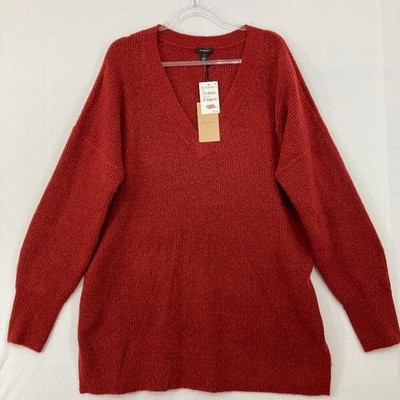 New Halogen size XL Red V neck Rib Knit Side Slit Cozy Knit Tunic Sweater