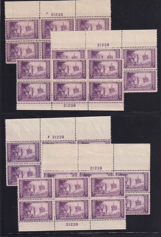 1934 Wisconsin Tercentenary 3c Sc 739 MNH complete matched plate blocks of 6 (E2 - Image 2 of 4