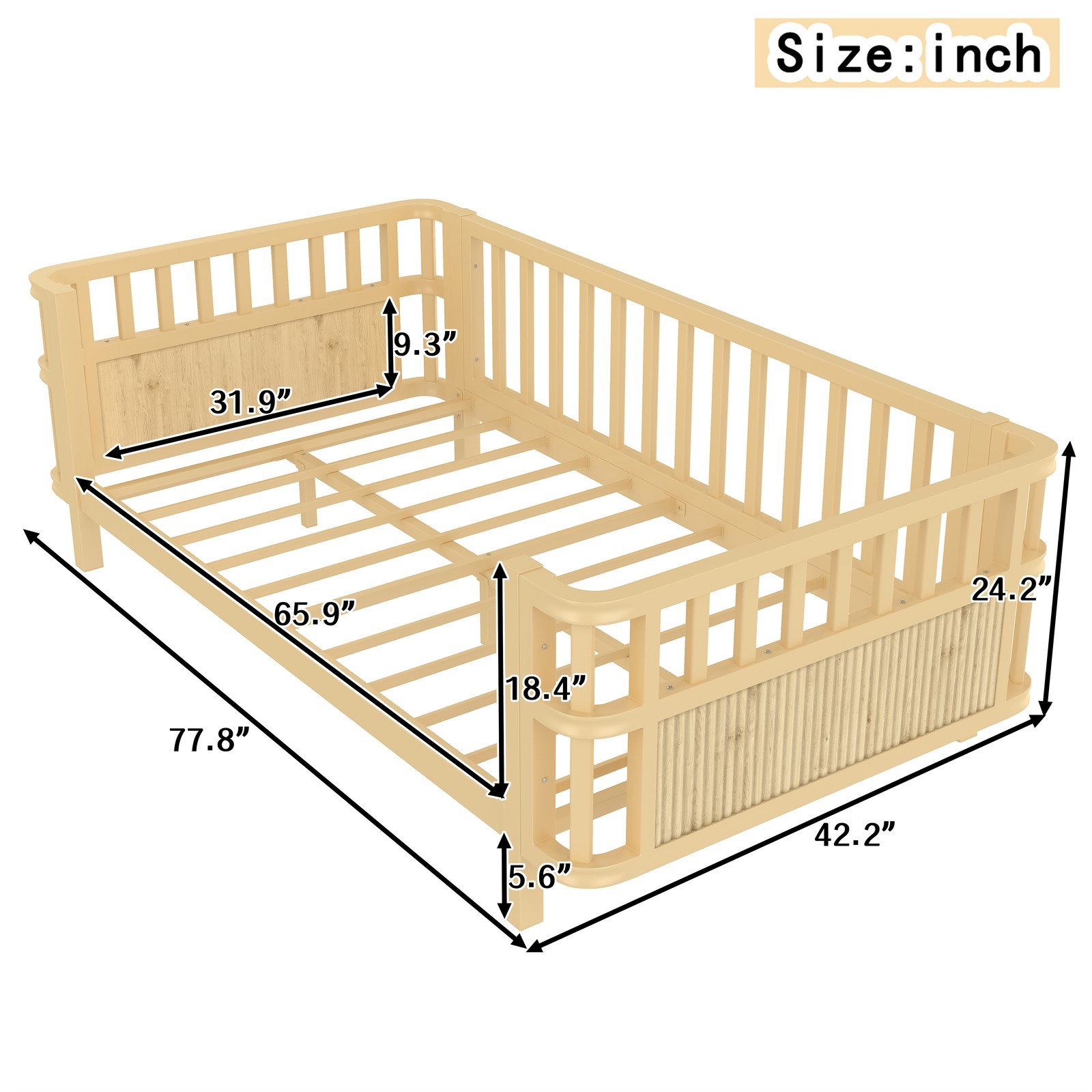 Twin Size Montessori Floor Bed Frame W/Fence Wood Slats for Kids Bedroom Natural