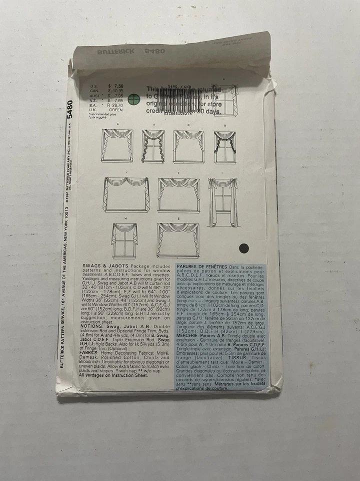 Butterick Sewing Pattern 5480 Easy To Do Windows Swags And Jabots - Image 2 of 3