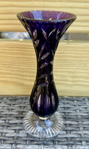 Amethyst Purple Bohemian/Czech Cut to Clear Crystal Vase Flared Trumpet 8"