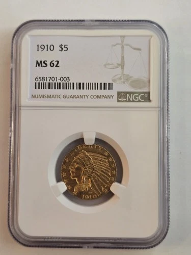 1910 $5 Five Dollar Indian Head Half Eagle U.S Gold Coin NGC MS62