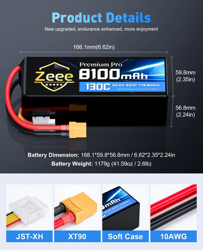 2 x Zeee 22.2V 130C 8100mAh 6с Lipo аккумулятор XT90 ультранизкое внутреннее сопротивление - Изображение 2 из 4