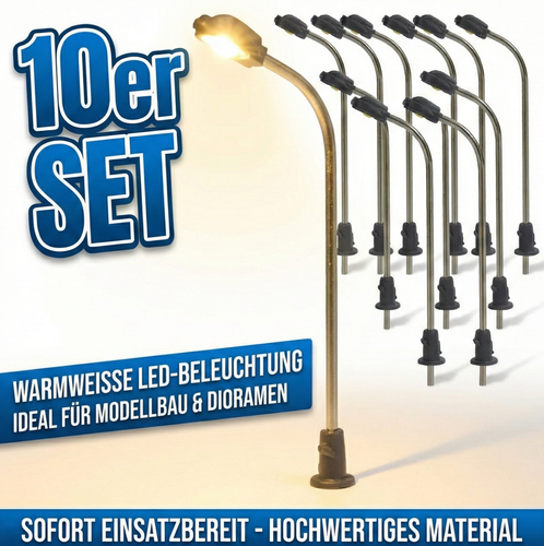 10 Stück LED Straßenlampen H0 TT Peitschenleuchten 1-flammig 3cm 3V