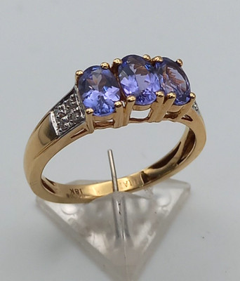TJC Damenring 14 kt Gelbgold 3 Steine Tansanit & Diamant 3 Gramm Größe P