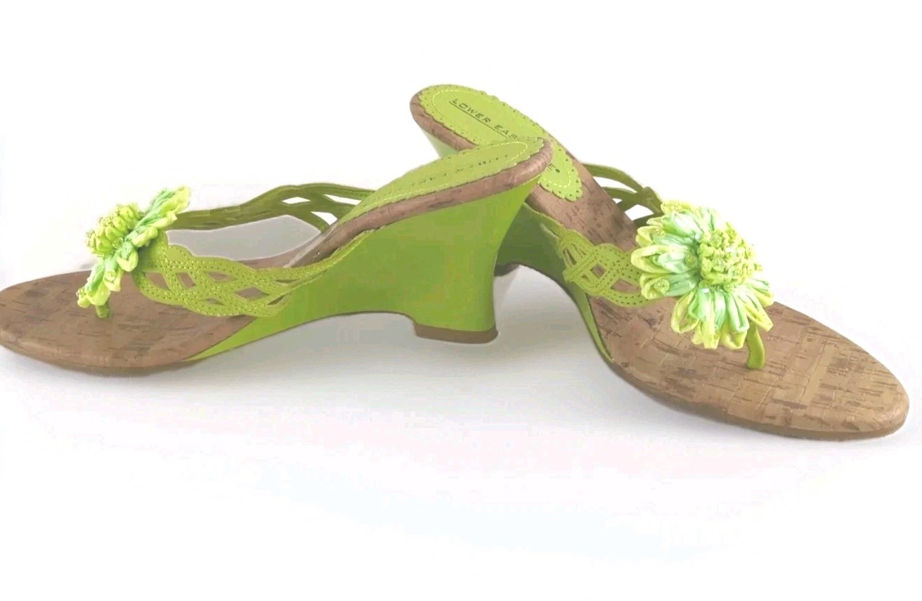 Sandals Lower East Side Green Cork Wedge Thong Rafia Bead Sz 7.5 Resort Boho VTG-image