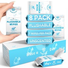 Travel Flushable Wipes, 8 Mini Packs, Unscented Plant-Based Wet Wipes for Adults
