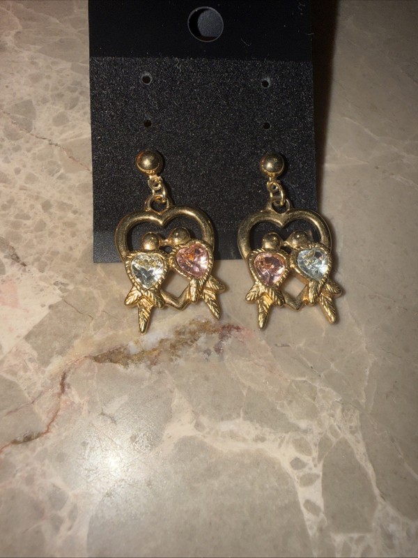 Vtg 1995 Avon Love Birds Pierced Earrings Gold Tone Pink Clear Heart