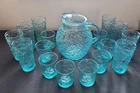 Vintage Anchor Hocking Aqua Blue Milano Pitcher with Glasses