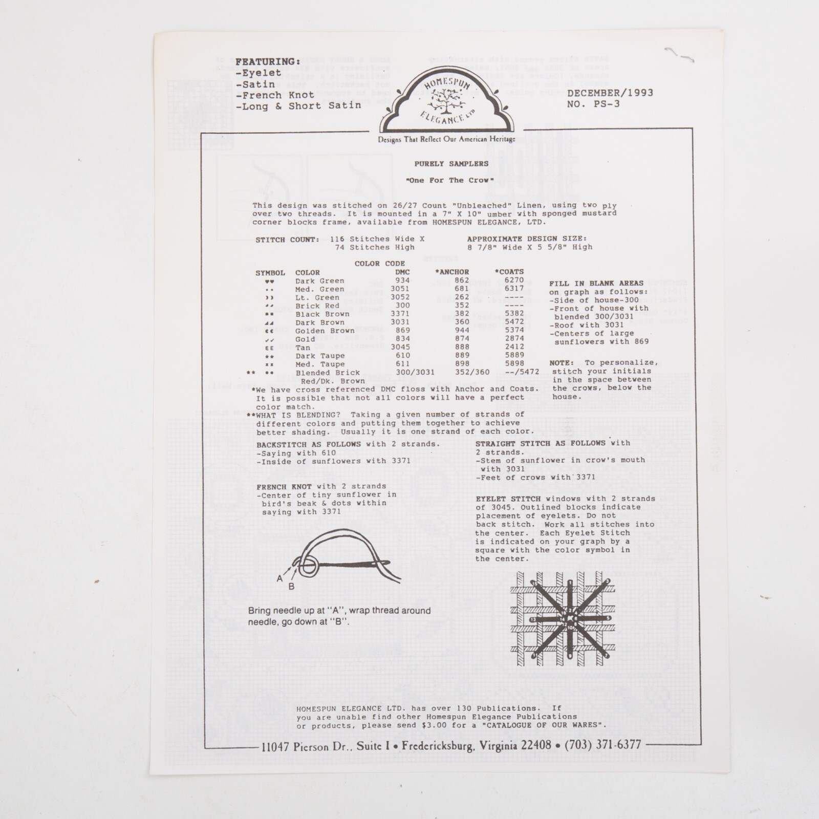 3 Vtg Homespun Elegance Leaflets Purely Samplers One for the Crow Peace Patterns