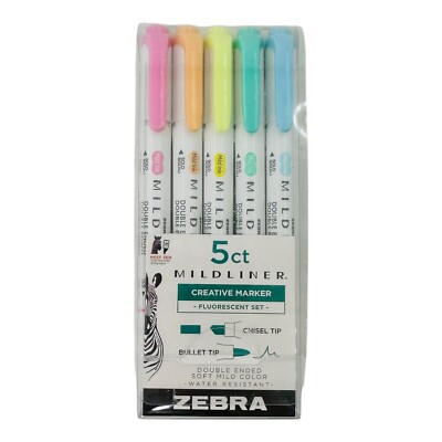 5 Count Zebra Mildliner Double Ended Highlighter Chisel/Bullet Tip Assorted