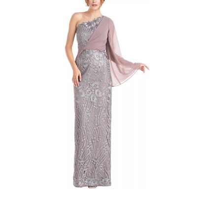 JS COLLECTIONS One Shoulder Embroidered Mesh Overlay Asymmetrical Gown Steel 10