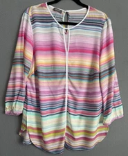 Basler Blouse Women Size 44 XL Multicolor Striped Colorful Long Sleeve Crew Neck