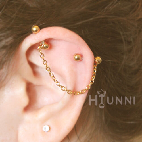 16g 14g Chain industrial piercing, 2 studs industrial Helix cartilage earring - Picture 1 of 7